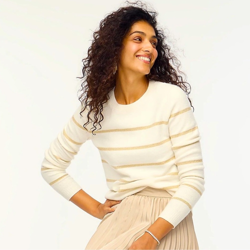 NWT J. Crew Shimmer striped crewneck in extra-soft‎ yarn gold/cream size XL